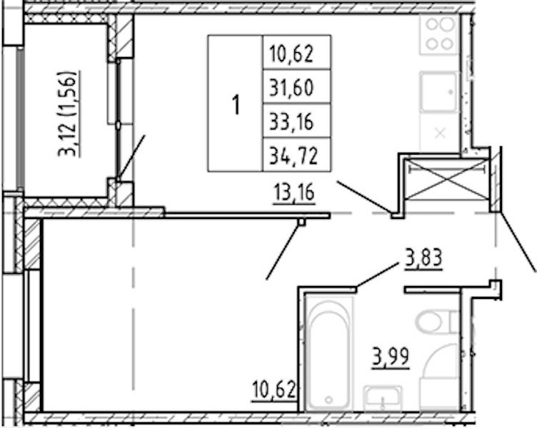 1-комнатная квартира 31.6 м², 2/12 эт., ЖК «Полис Новоселье»